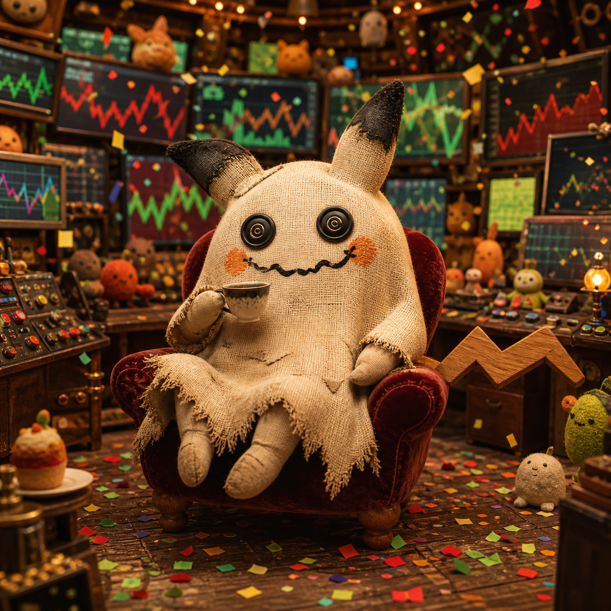 Mimikyu drinking tea in a trading room